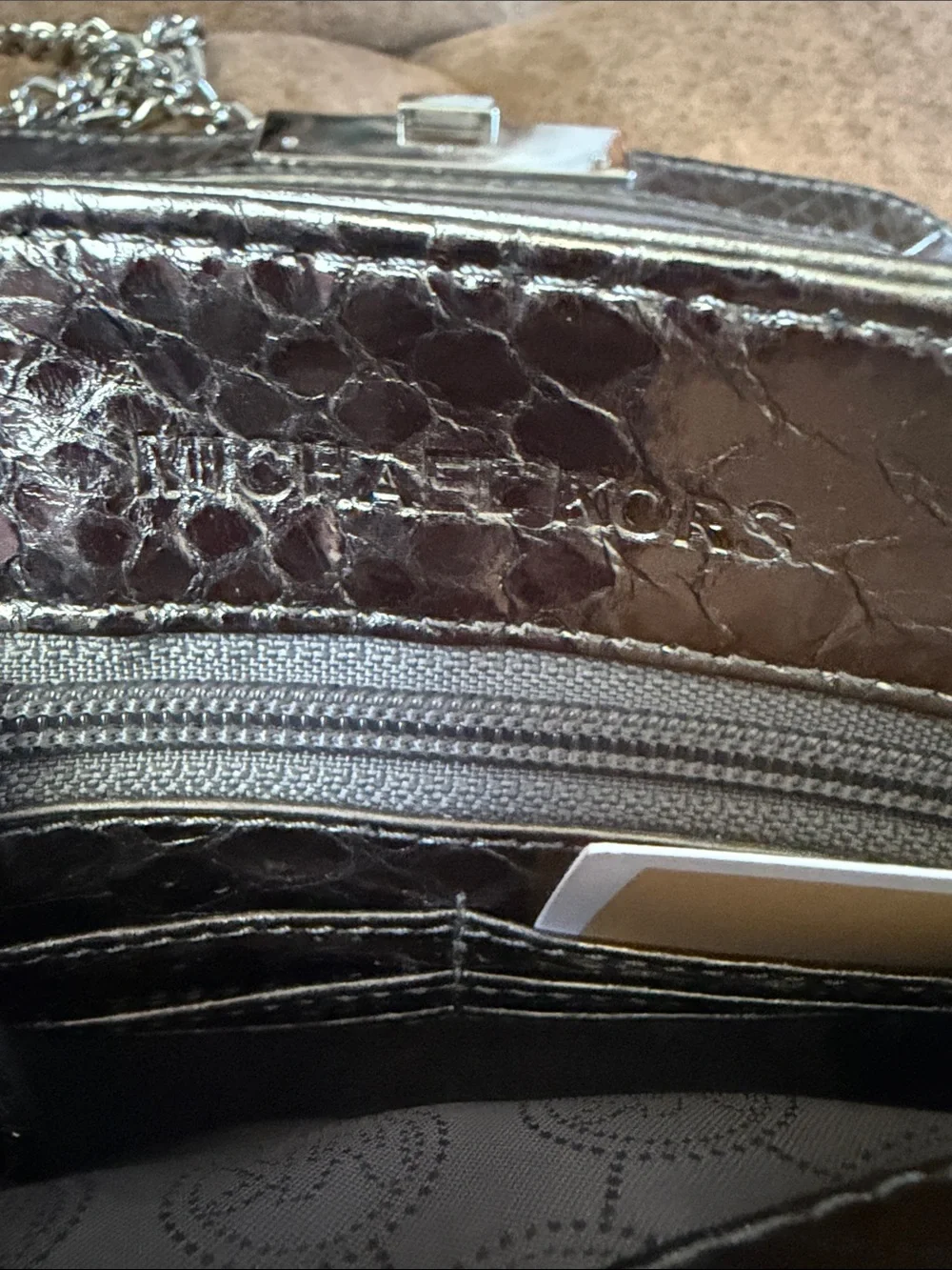 Michael Kors Silver Metallic Snake-Embossed Crossbody Bag NWOT